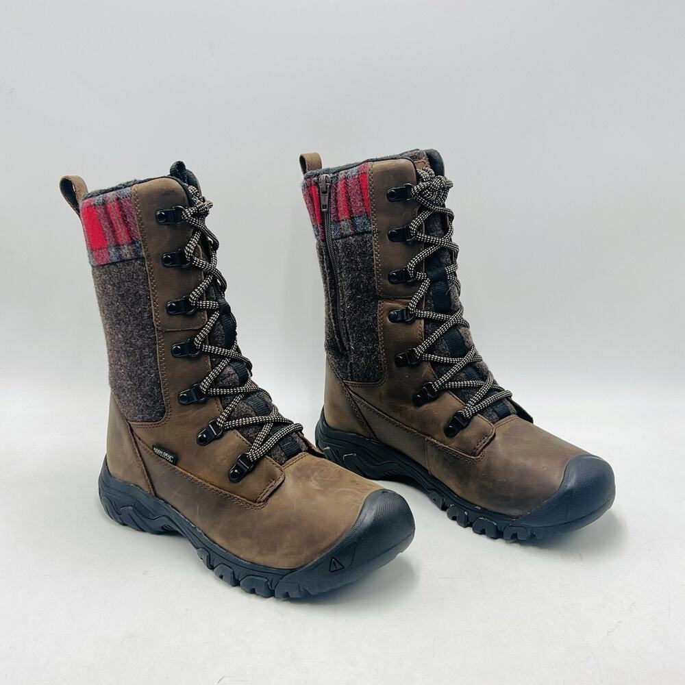 Keen Women's 8 Greta Tall Boots Brown Leather Red Plaid Hiking Outdoor Winter